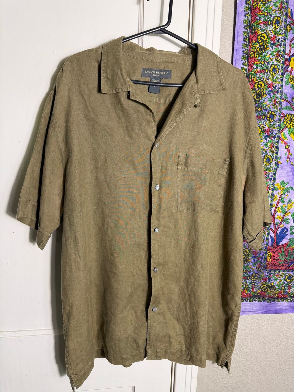 Banana Republic 100% Linen Shirt Mens L Olive Green Camp Collar Short Sleeve